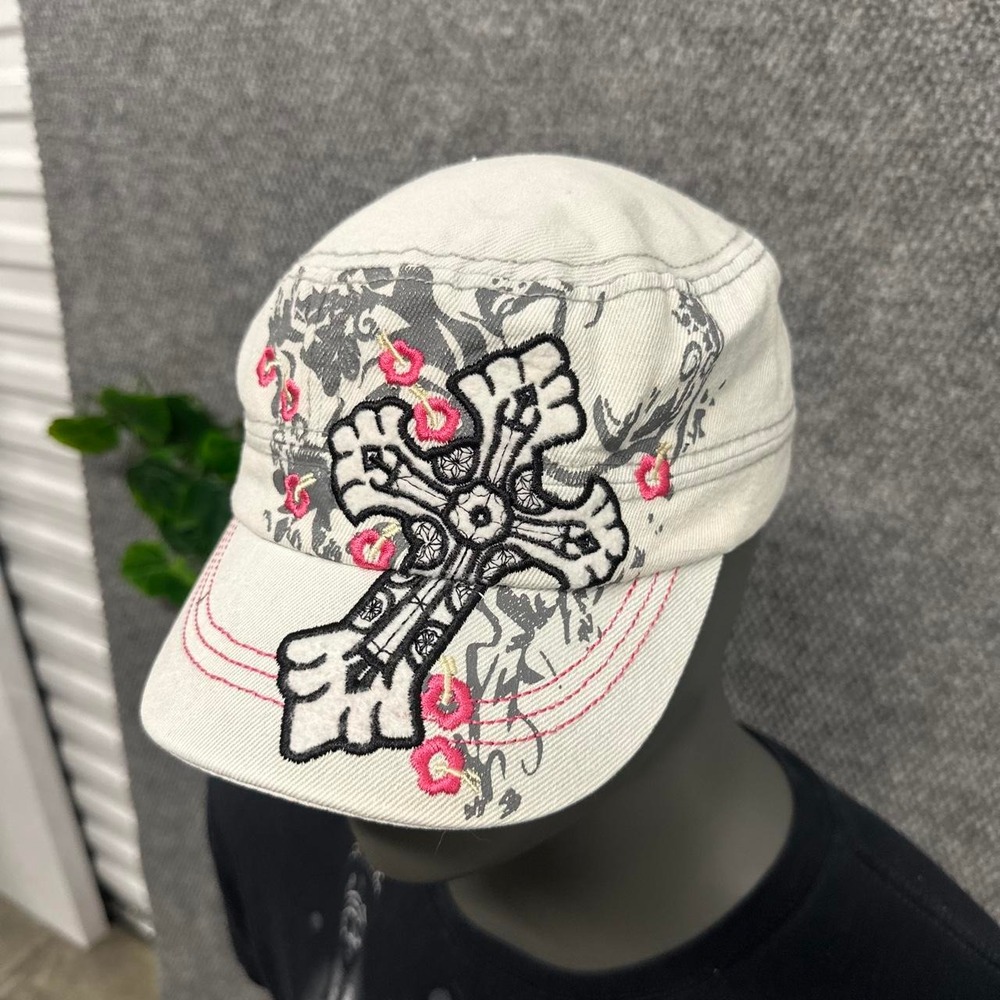 Y2K Embroidered Cross Floral Cadet Hat White Adjustable Cap
